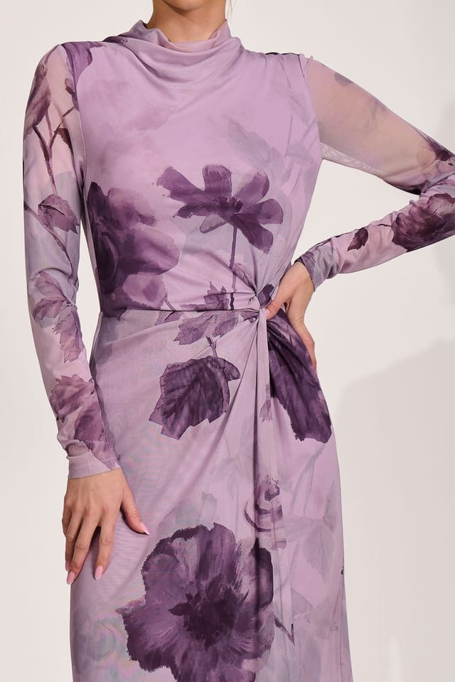 Jolie Moi Jolie Moi Women's High Neck Long Sleeve Mesh Maxi Dress in Purple - 3
