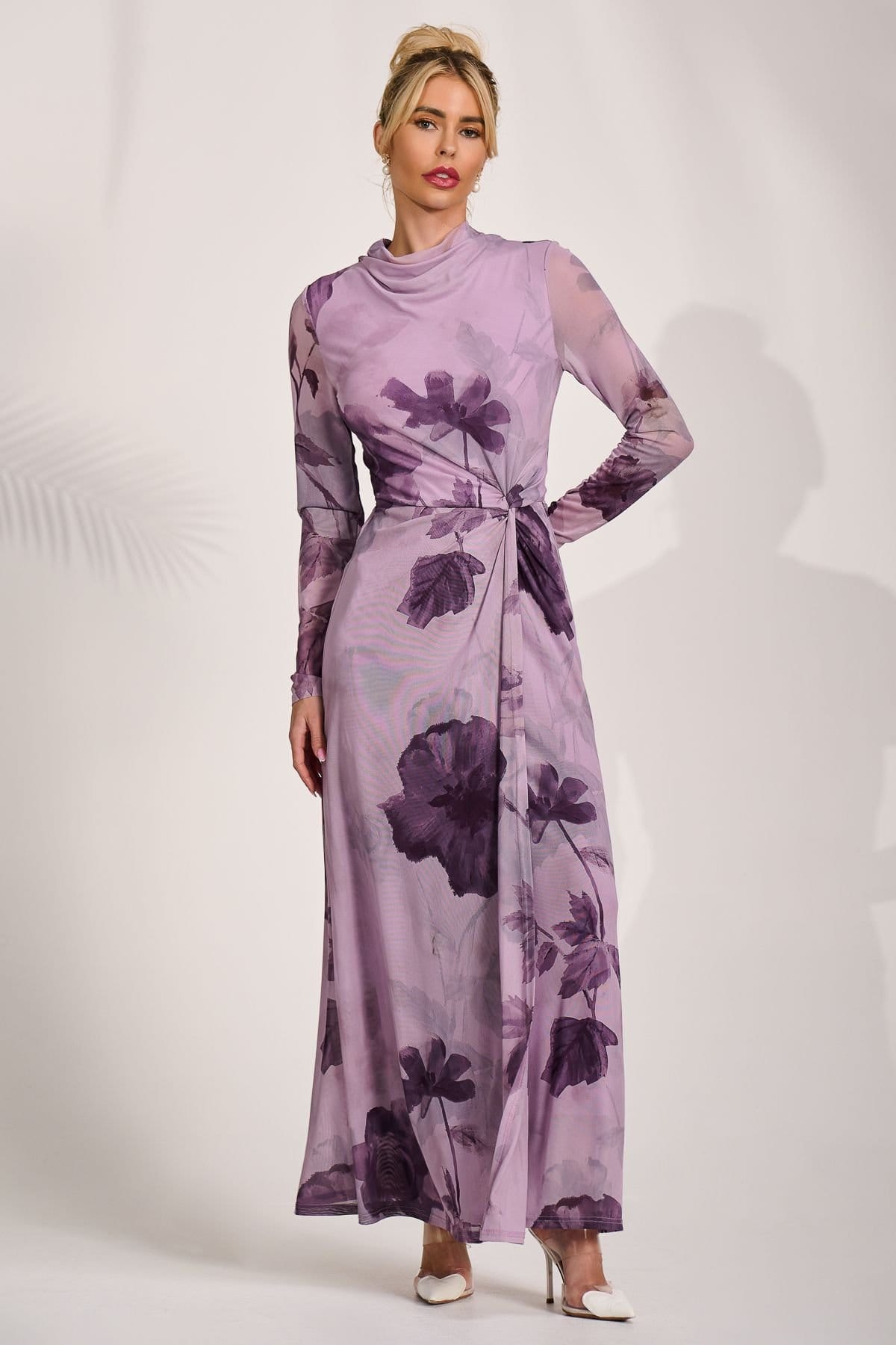 Jolie Moi Jolie Moi Women's High Neck Long Sleeve Mesh Maxi Dress in Purple - 4