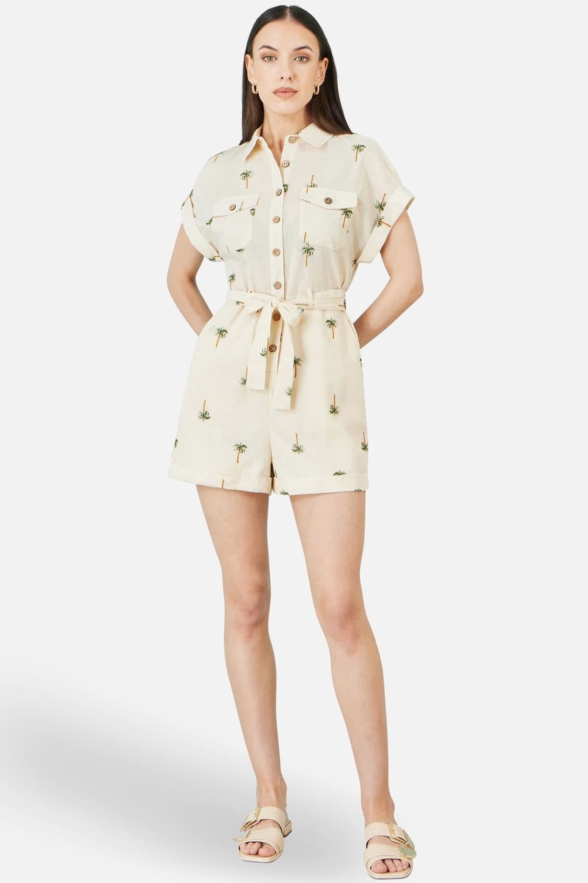 Yumi Yumi Women's Embroidered Palm Print Cotton Playsuit In White in Cream