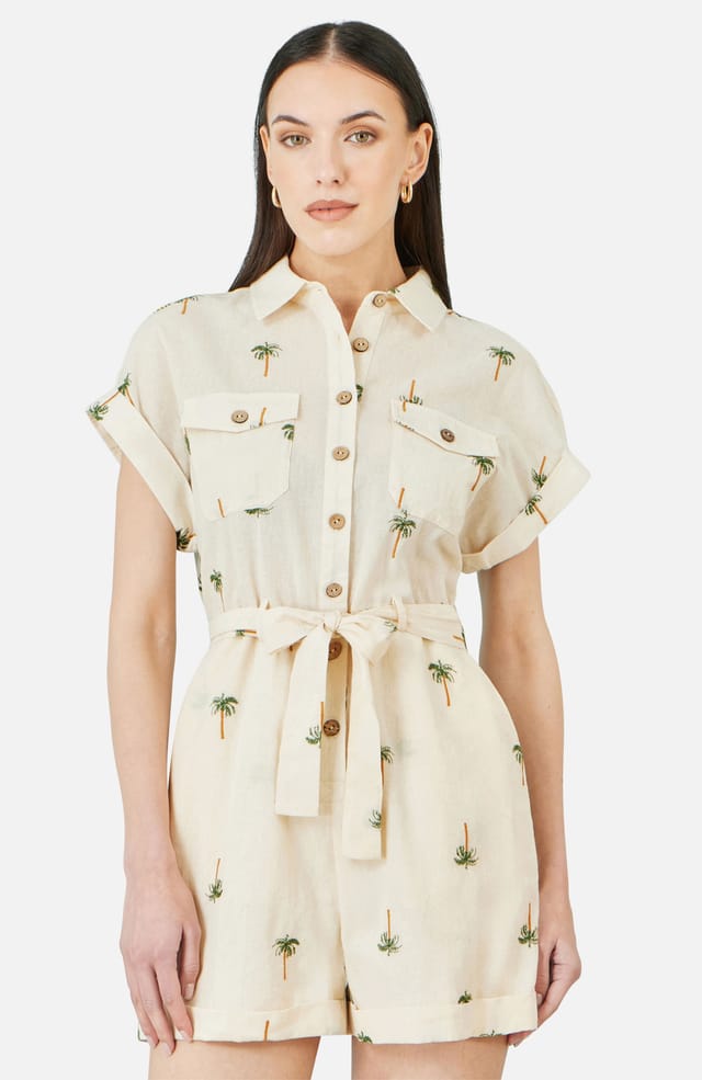 Yumi Yumi Women's Embroidered Palm Print Cotton Playsuit In White in Cream - 2