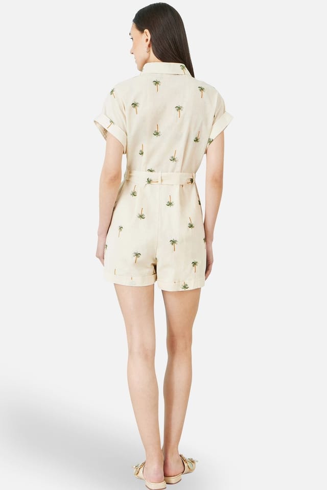 Yumi Yumi Women's Embroidered Palm Print Cotton Playsuit In White in Cream - 3