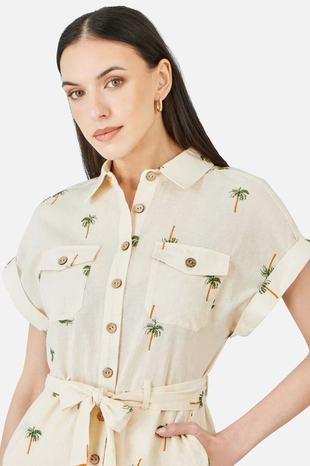 Yumi Yumi Women's Embroidered Palm Print Cotton Playsuit In White in Cream - 4
