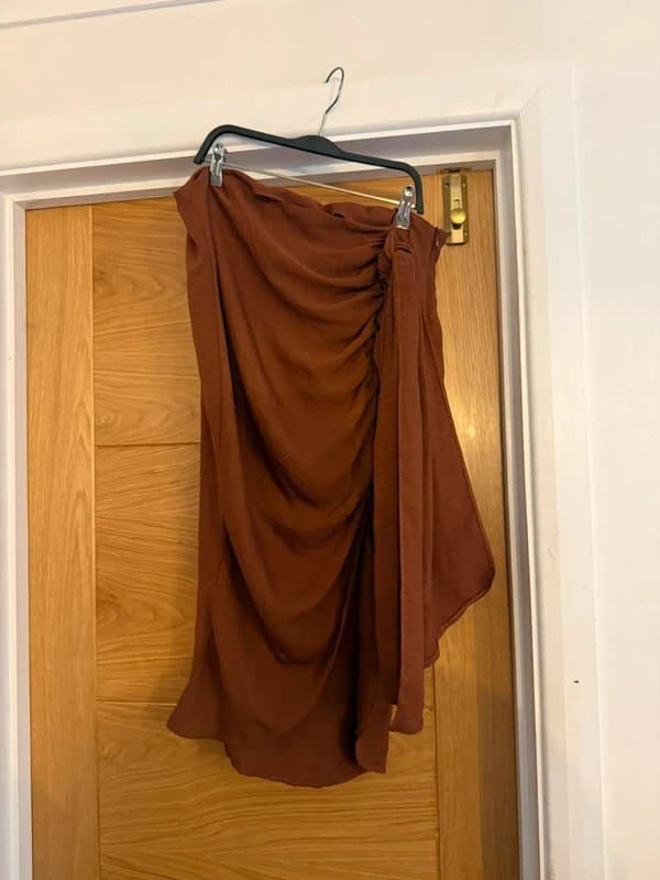 ASOS ASOS Luxe Chocolate Brown Twist Draped Side Ruched Midi Skirt UK 16