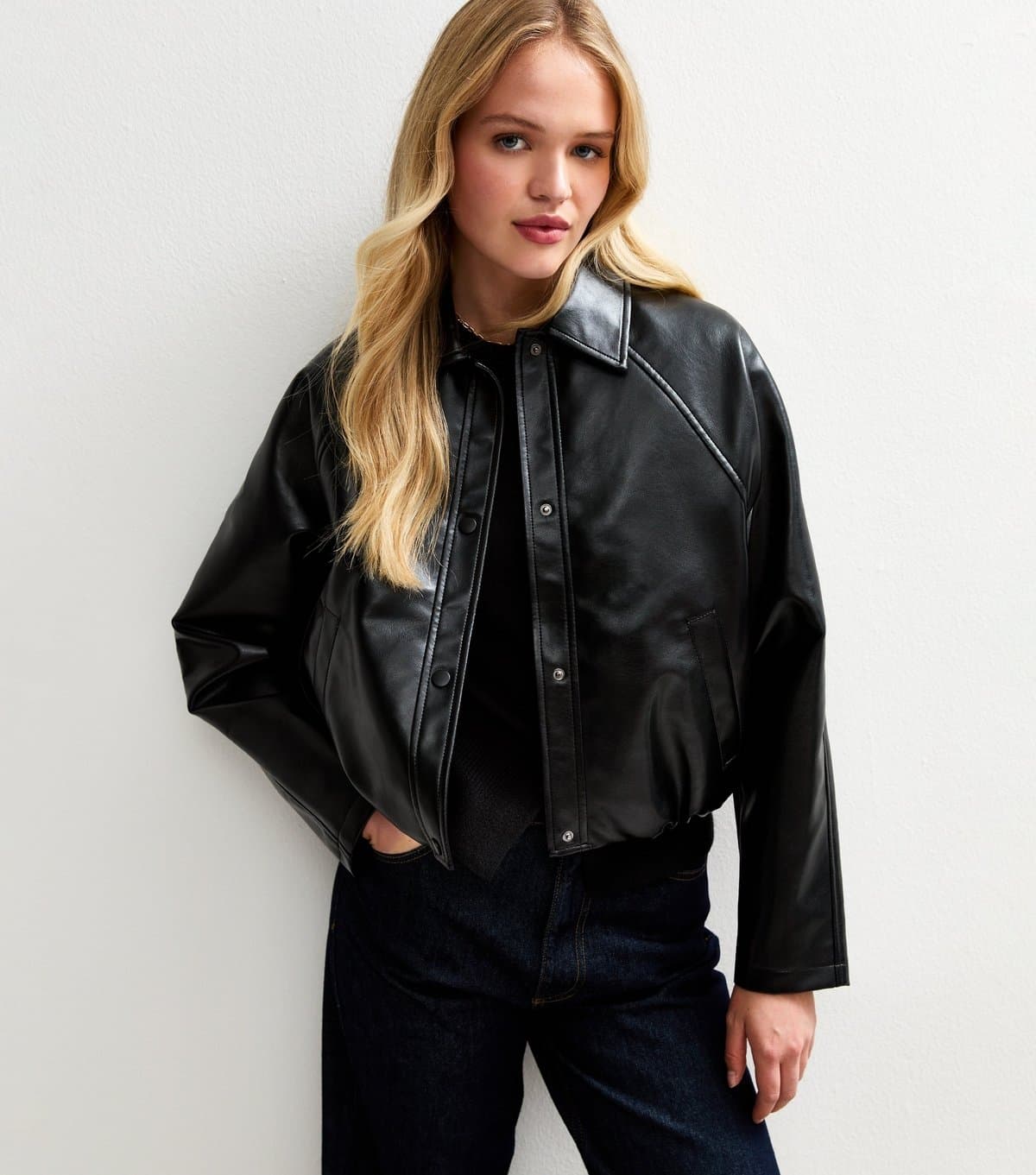New Look Women's Black Bubble Hem Faux Leather Jacket New Look
