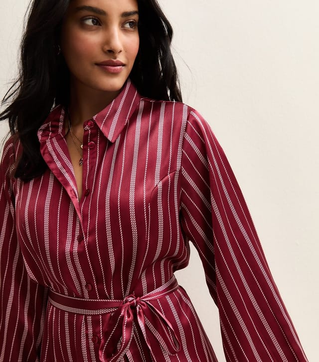 New Look Women's Burgundy Striped Satin Mini Shirt Dress New Look - 2