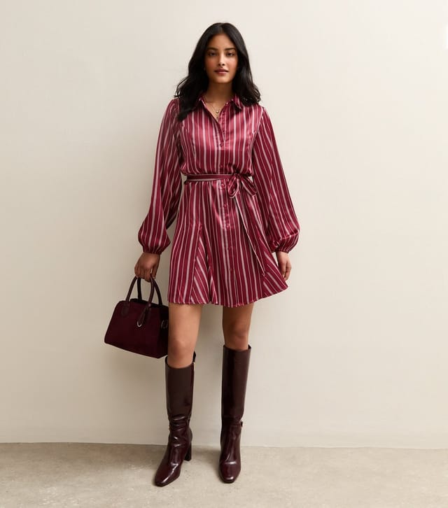 New Look Women's Burgundy Striped Satin Mini Shirt Dress New Look - 3