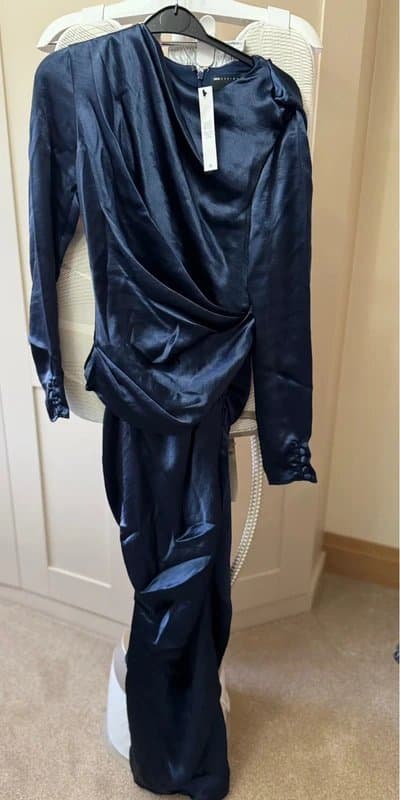 ASOS ASOS Design Navy Blue Satin Drape Midi Dress | Size UK 8