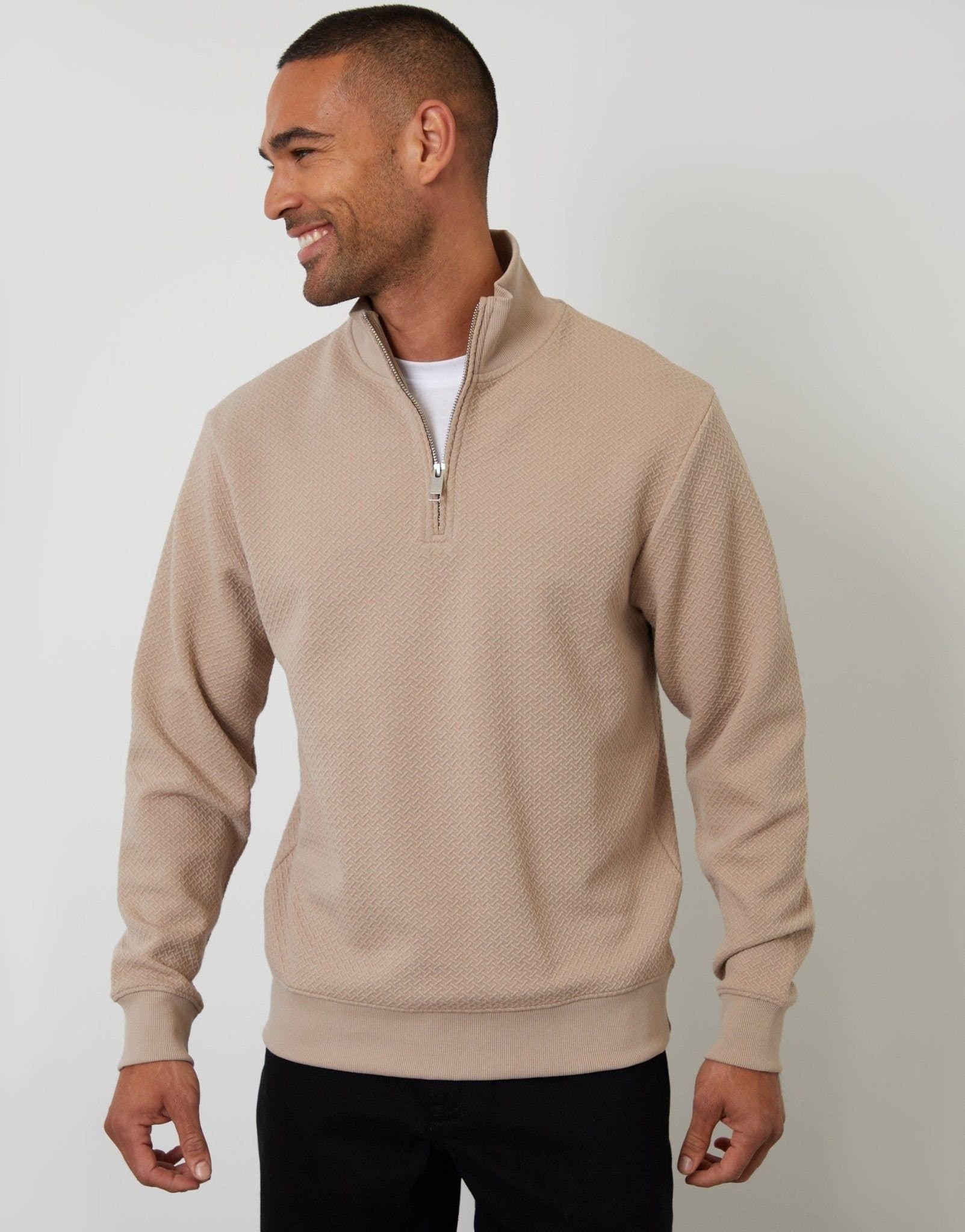 Threadbare threadbare Men's Textured Quarter Zip Sweatshirt in Brown