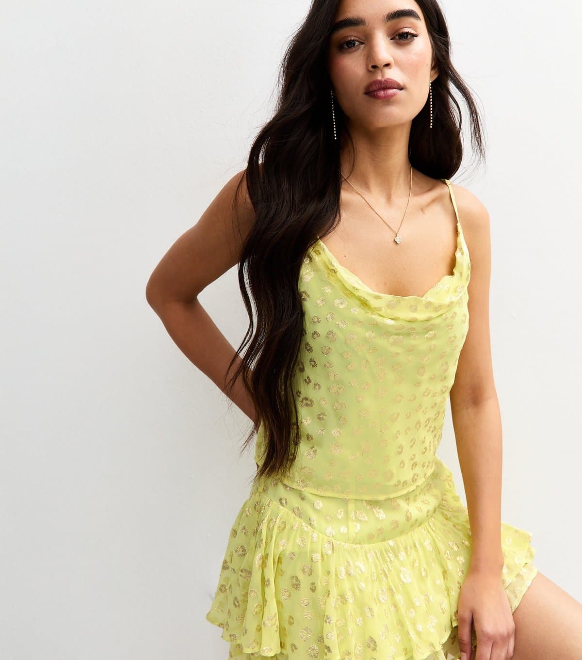 New Look New Look Bright Yellow Metallic Jacquard Cowl Neck Cami Top