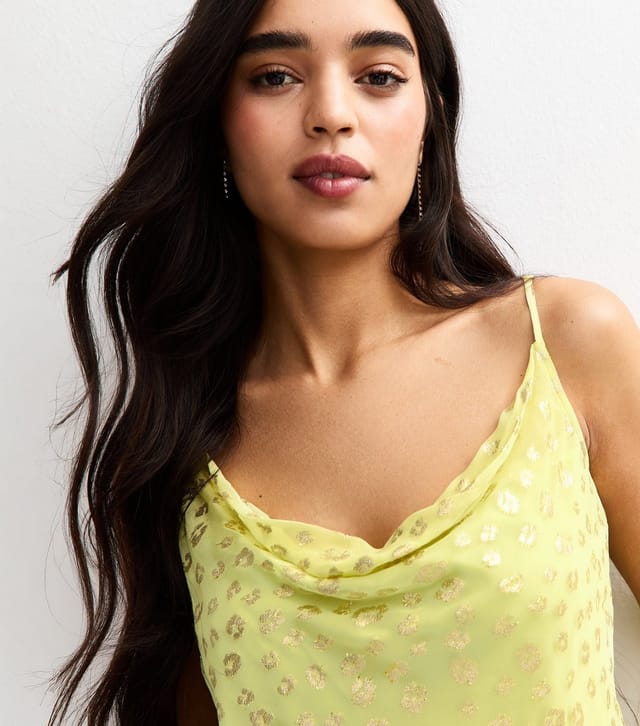 New Look Women's Bright Yellow Metallic Jacquard Cowl Neck Cami Top New Look - 3