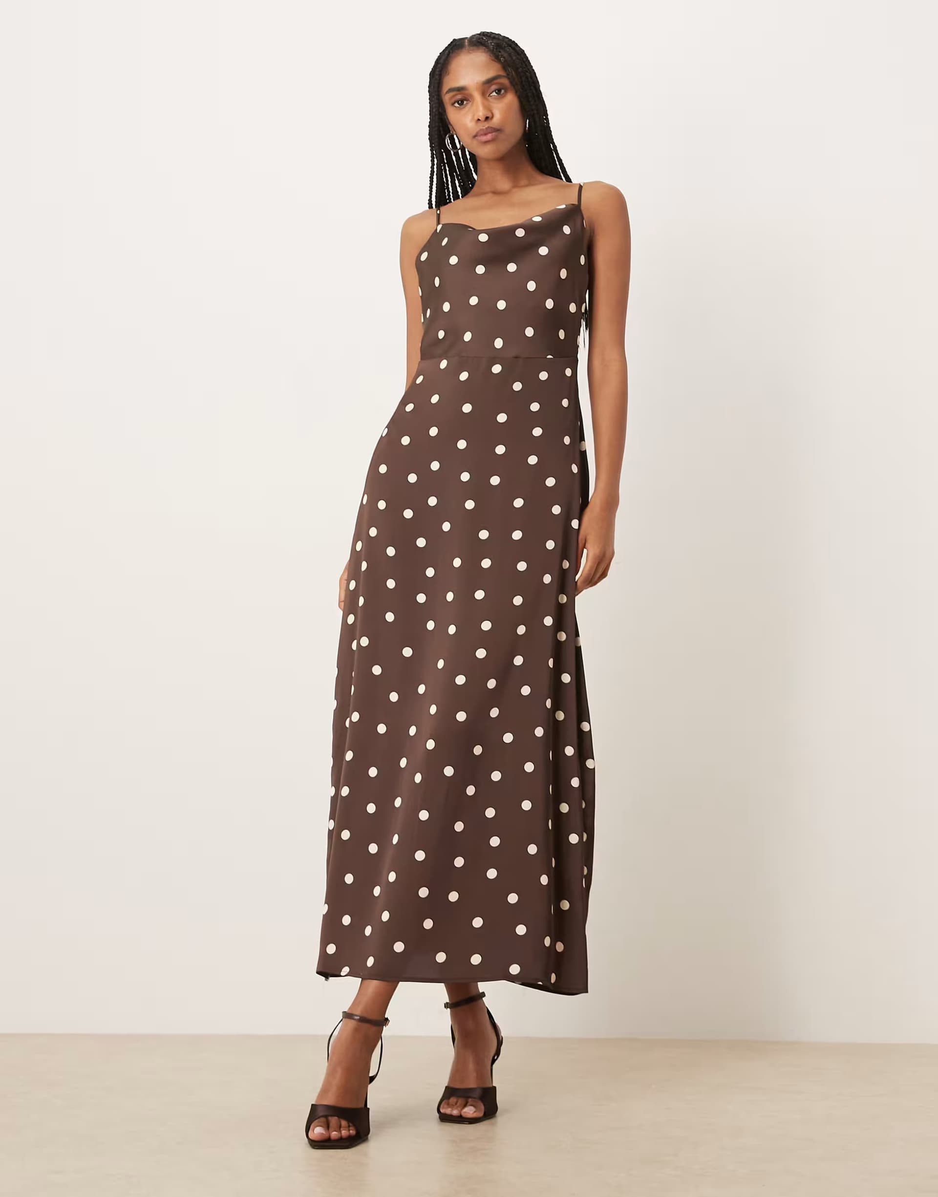ASOS Vila satin cowl neck maxi dress in brown polka dot