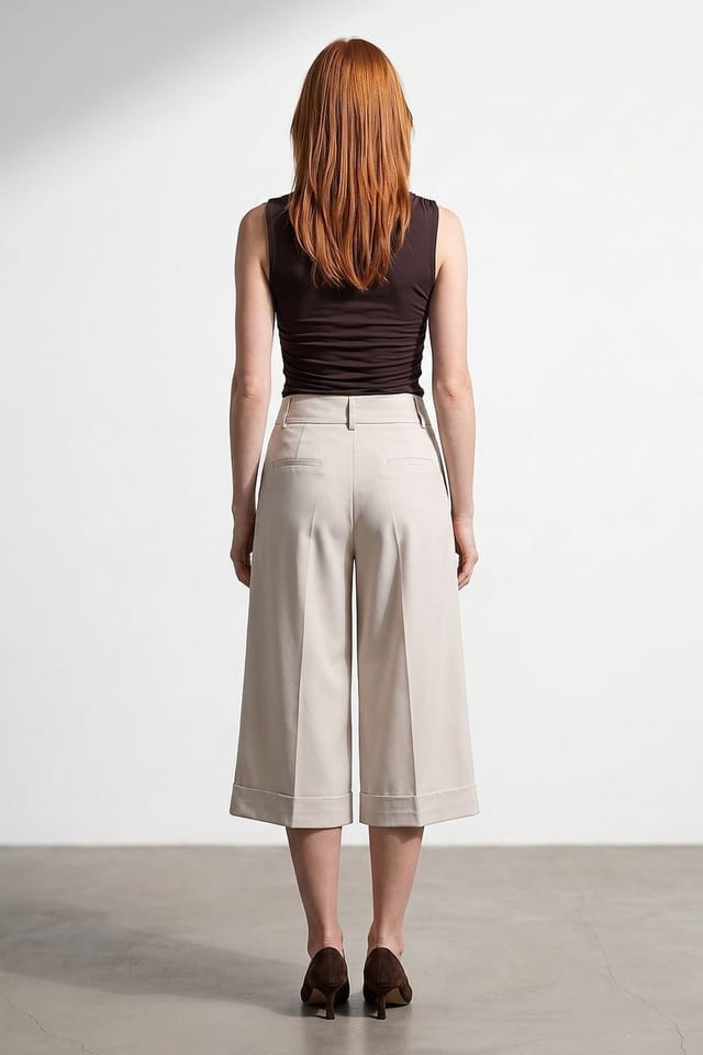 Dilvin Dilvin Women's High-Waist Wide-Leg Crepe Culottes in Beige - 2