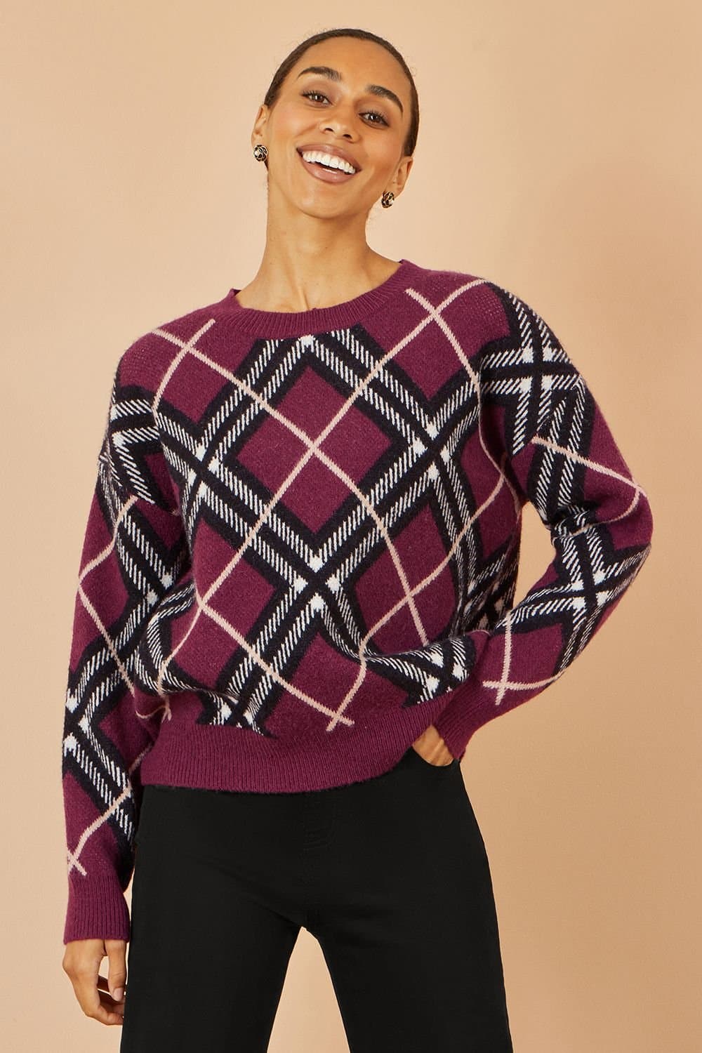 Yumi Yumi Burgundy Argyle Check Relaxed Jumper