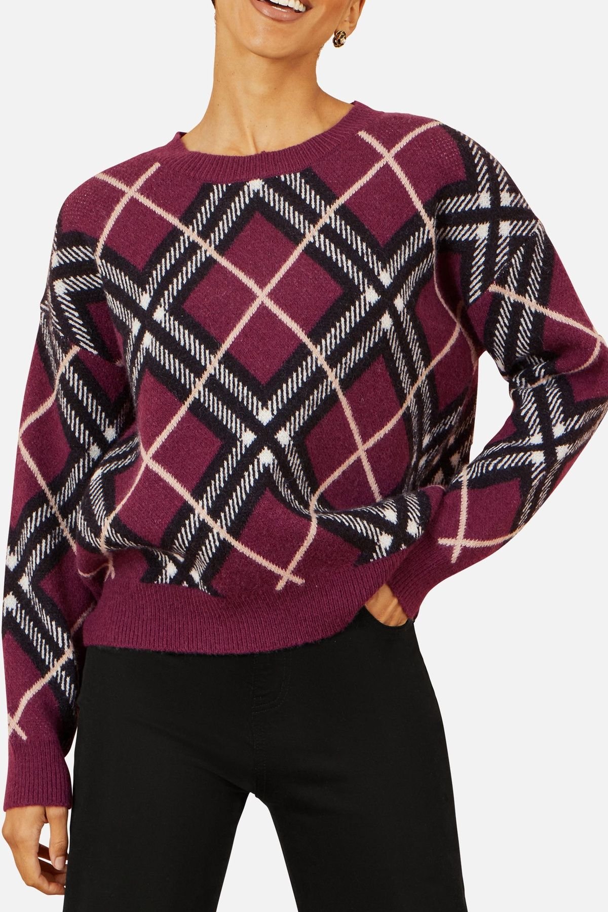 Yumi Yumi Women's Burgundy Argyle Check Relaxed Jumper - 4