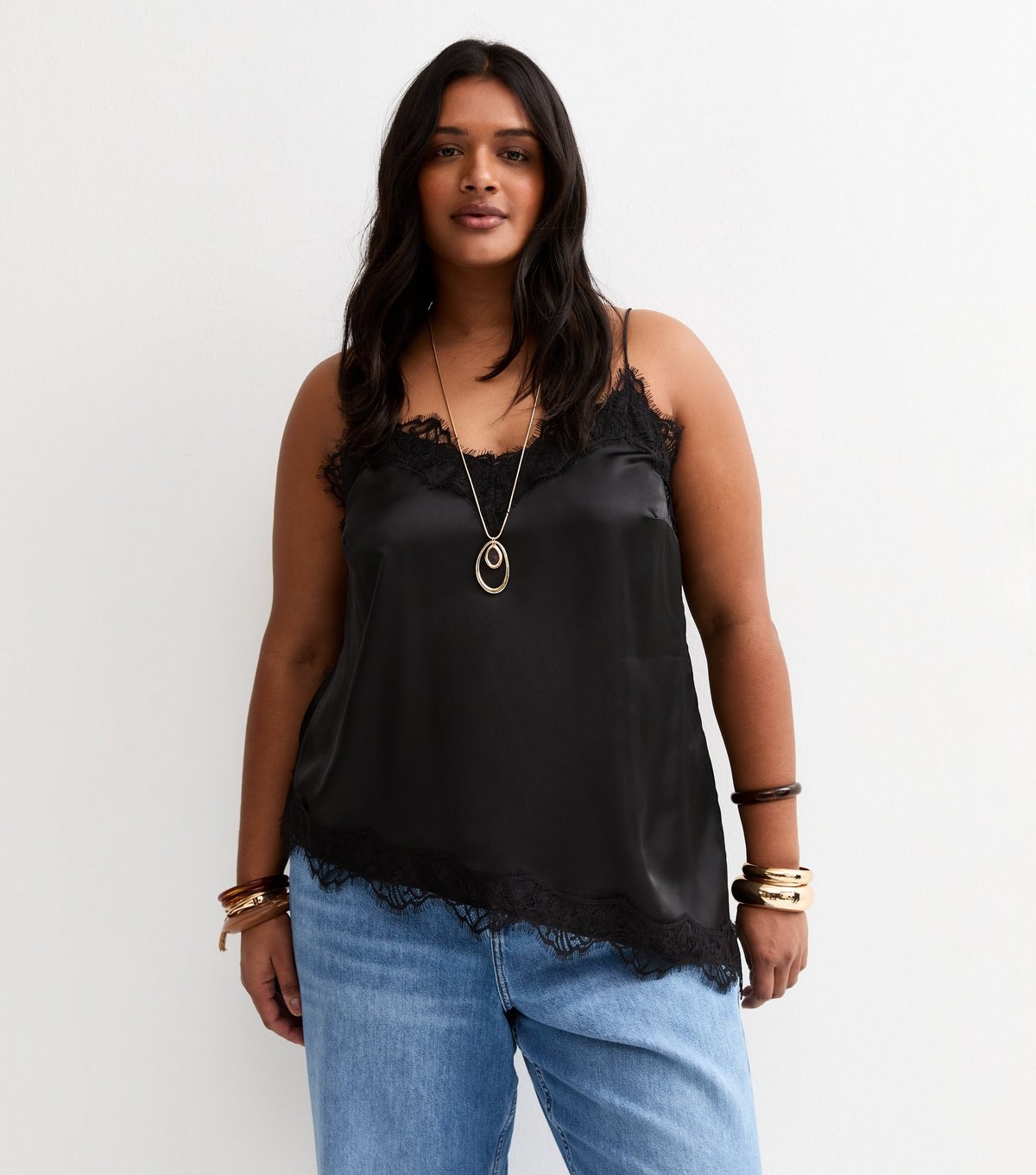 New Look Women's Plus Size Black Longline Lace Cami Top Curves New Look - 1