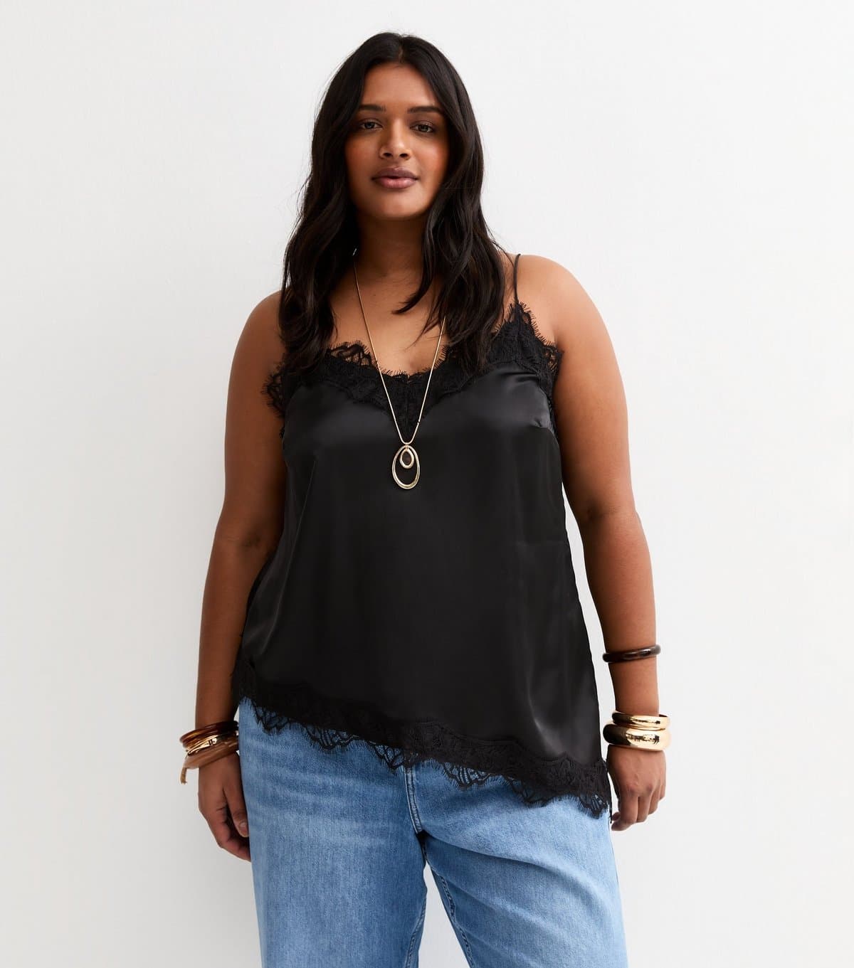 New Look Women's Plus Size Black Longline Lace Cami Top Curves New Look