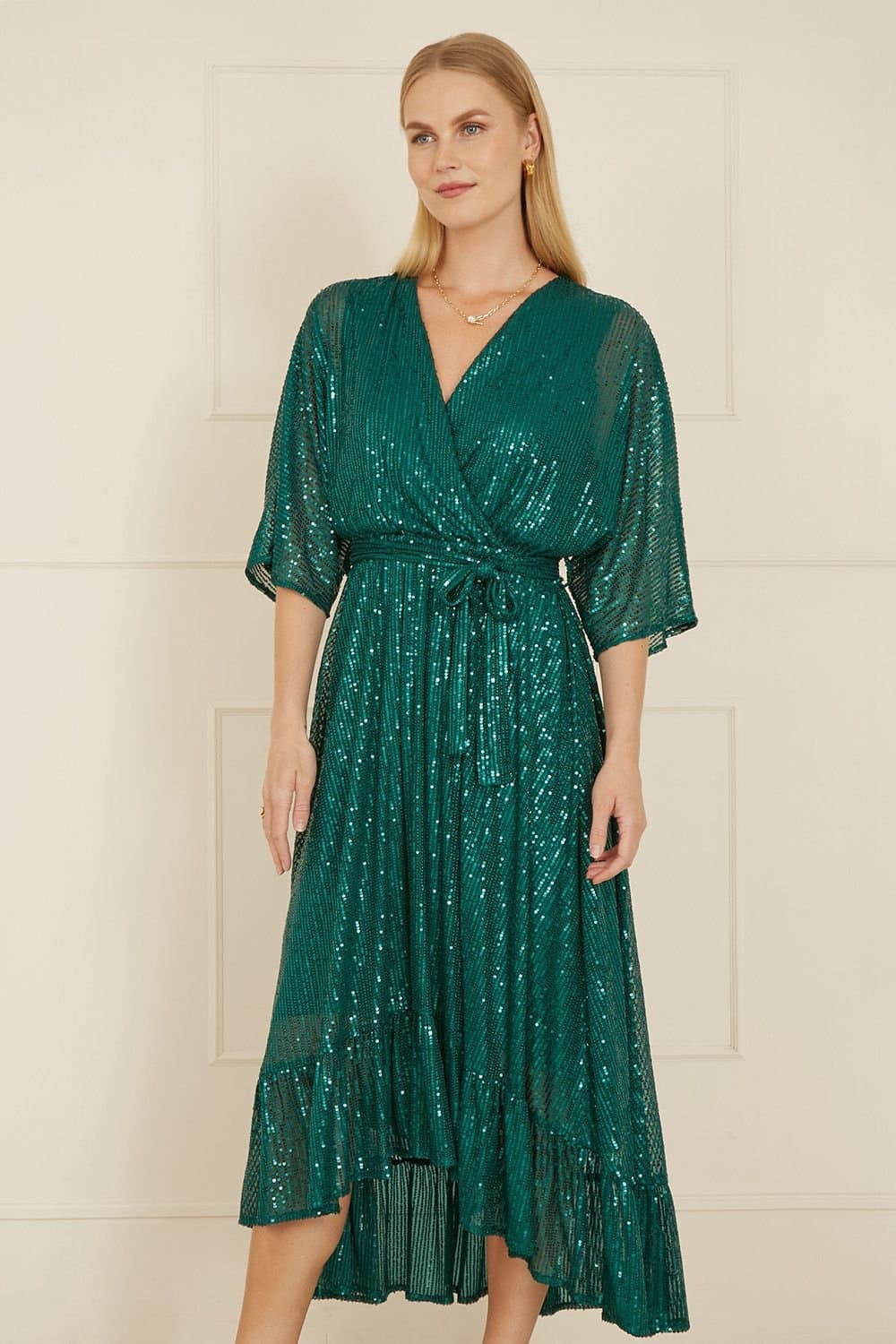 Yumi Yumi Women's Green Sequin Kimono Midi Wrap Dress