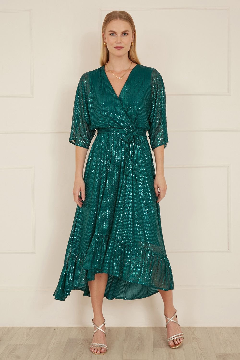 Yumi Yumi Women's Green Sequin Kimono Midi Wrap Dress - 2