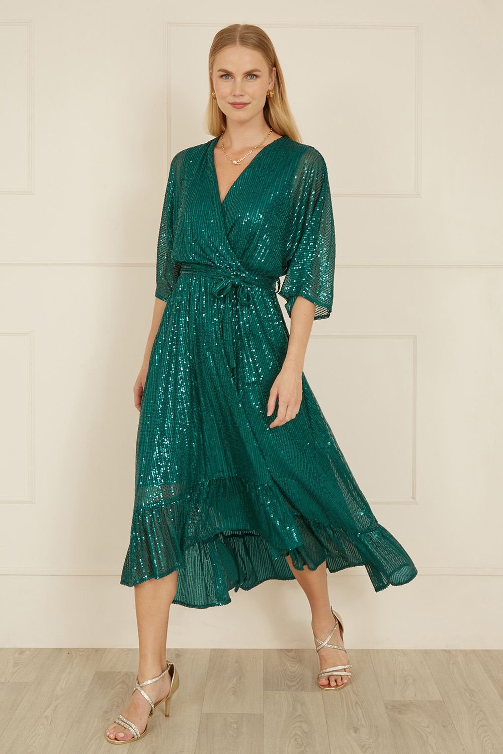 Yumi Yumi Women's Green Sequin Kimono Midi Wrap Dress - 3