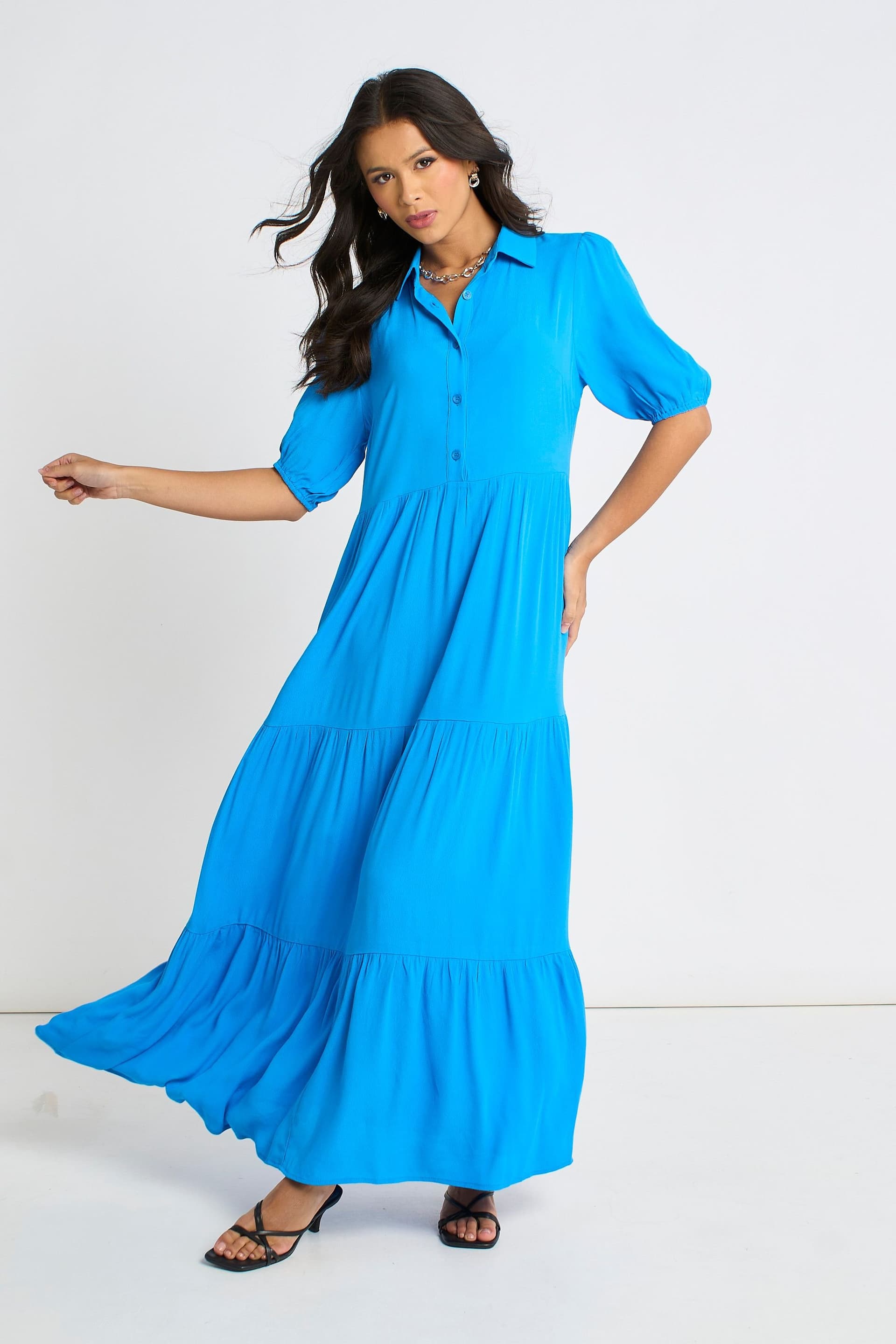 Gini London Gini London Women's Blue Button Through Skater Maxi Dress