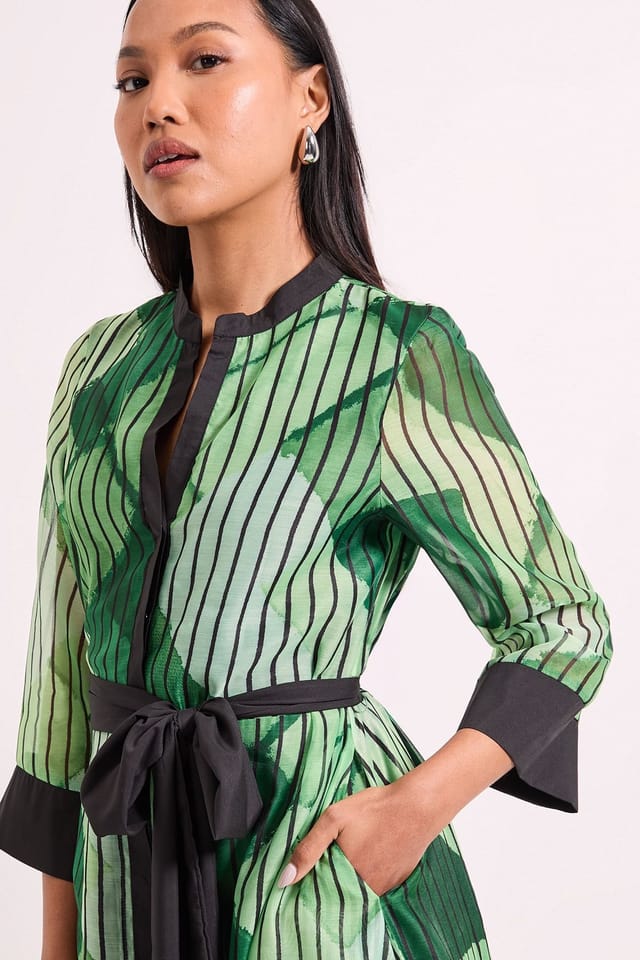 Principles Principles Women's Belted Contrast Detail Collarless Shirt Dress in Green - 2