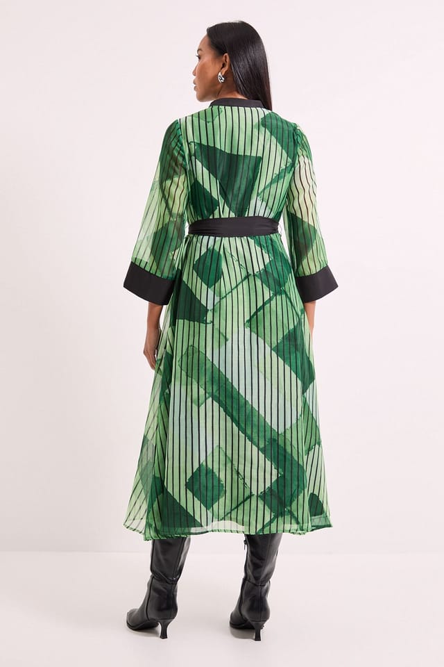 Principles Principles Women's Belted Contrast Detail Collarless Shirt Dress in Green - 3