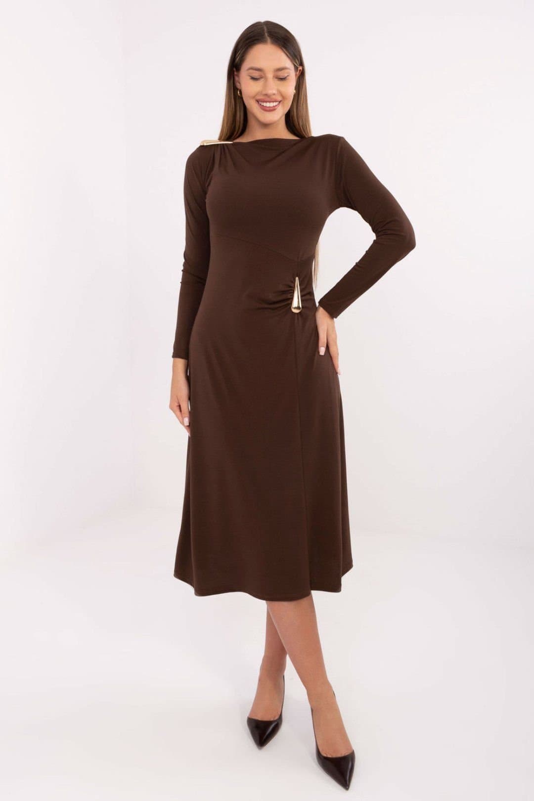 Love Lace Love Lace Women's Elegant Midi Long Sleeve Dress with Ruching in Brown