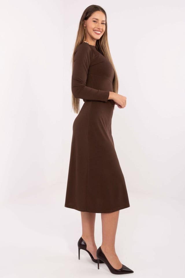 Love Lace Love Lace Women's Elegant Midi Long Sleeve Dress with Ruching in Brown - 2