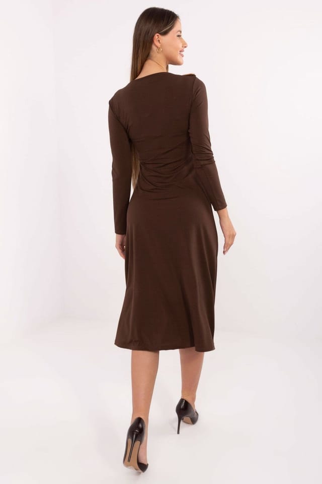 Love Lace Love Lace Women's Elegant Midi Long Sleeve Dress with Ruching in Brown - 3