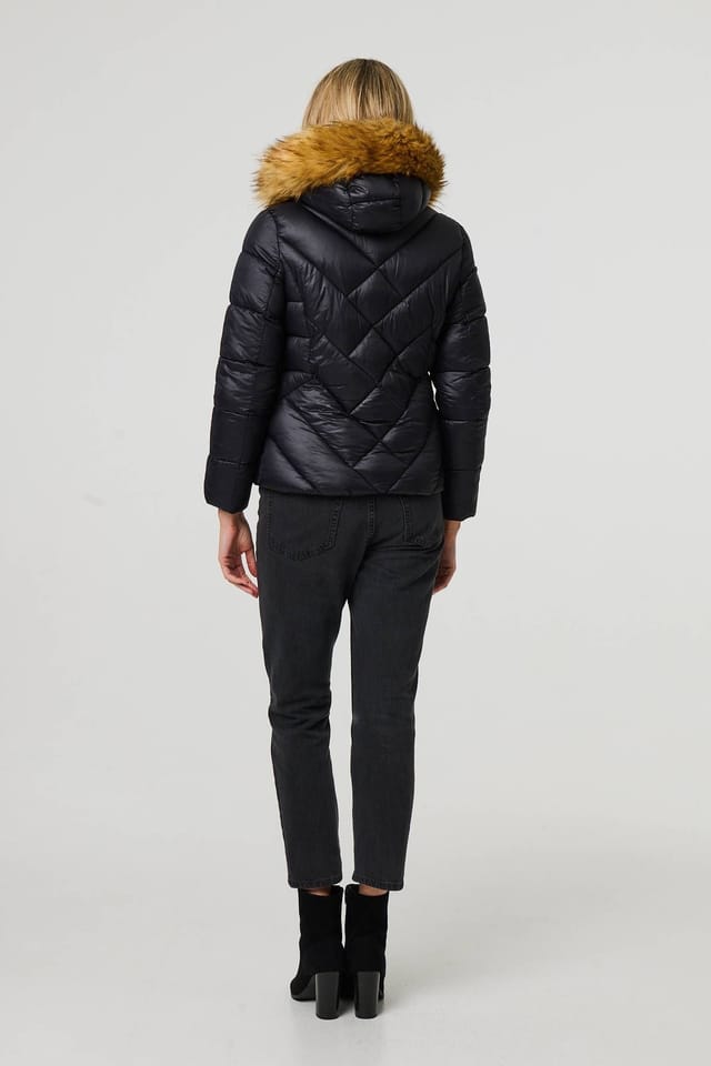 Izabel London Izabel London Women's Faux Fur Trim Hooded Puffer Jacket in Black - 3