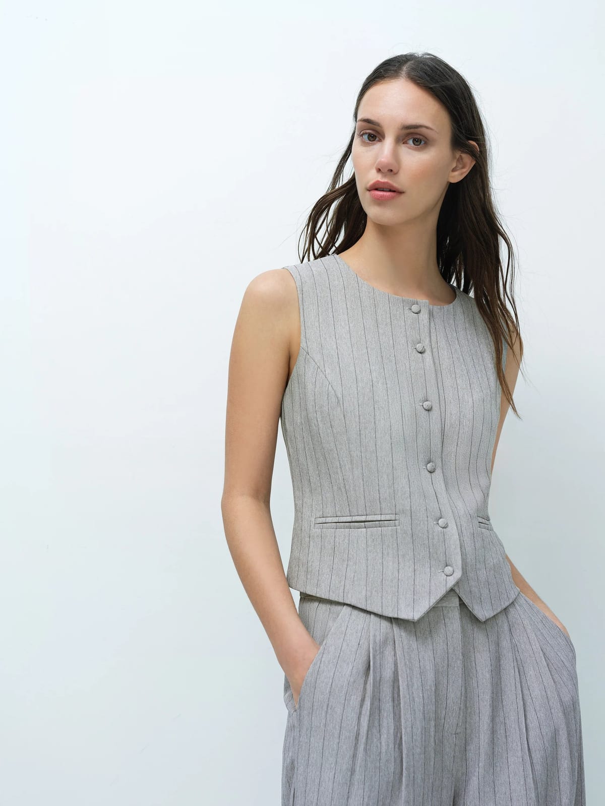 French Connection Enya Tailored Grey Pinstripe Waistcoat Grey - 1