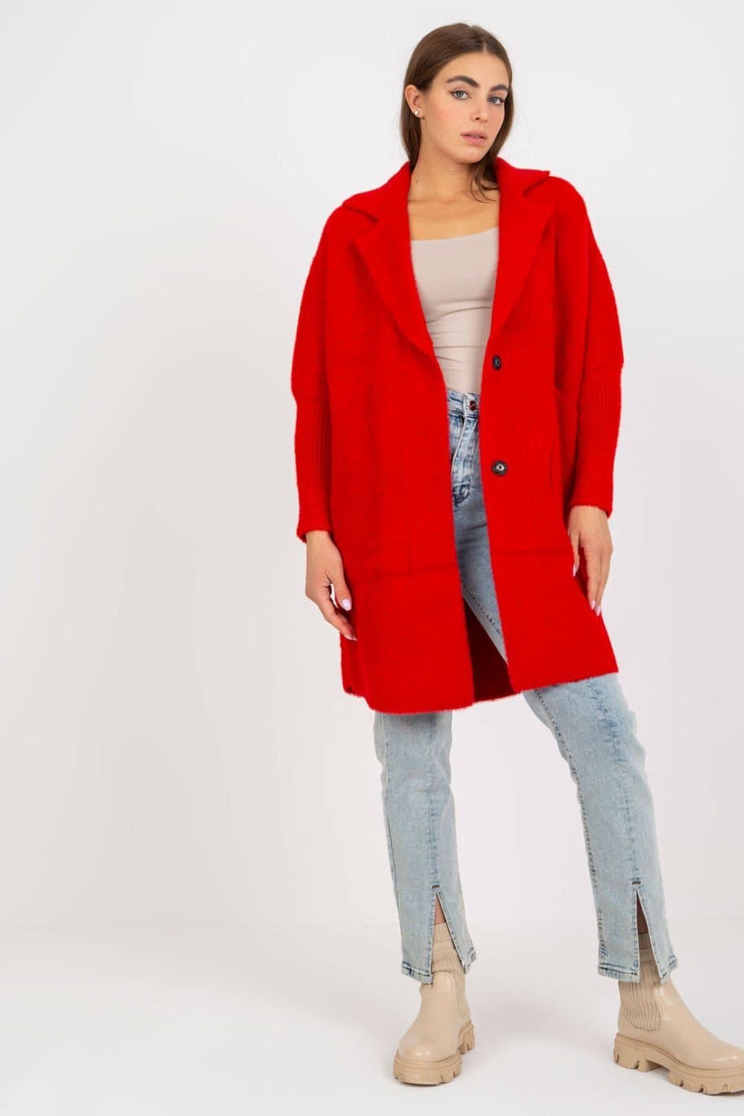 Love Lace Love Lace Women's Long Sleeve Press Stud Coat with Pockets in Red