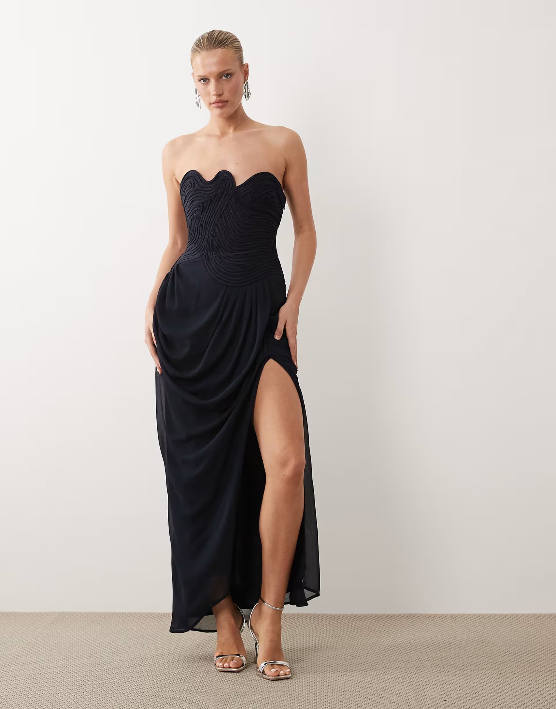 ASOS ASOS DESIGN bandeau swirl neckline satin bodice maxi dress with draped chiffon skirt in navy