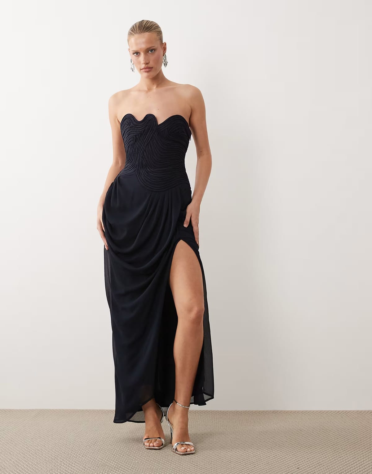 ASOS ASOS DESIGN bandeau swirl neckline satin bodice maxi dress with draped chiffon skirt in navy - 1
