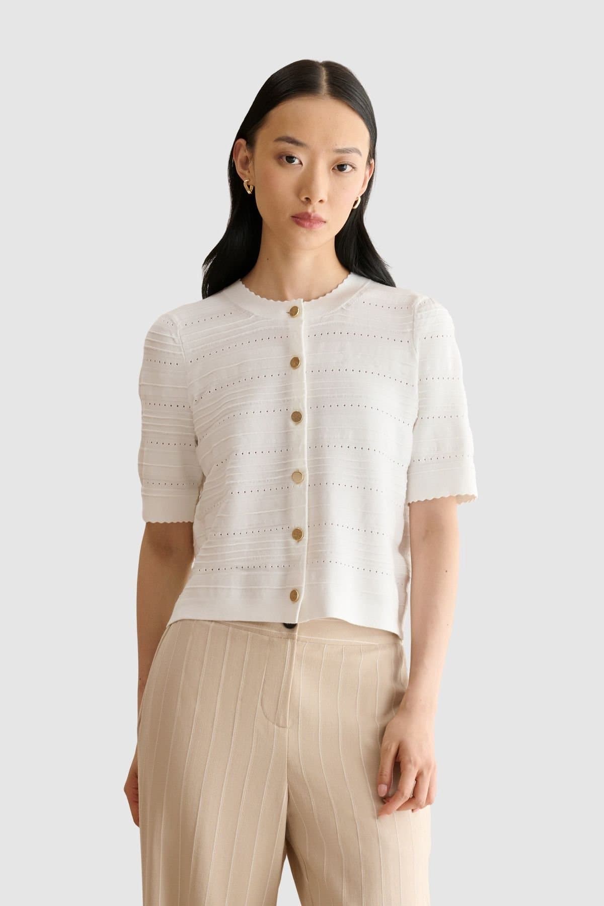 Hobbs London Hobbs London Women's Mimi Short Sleeve Pointelle Cardigan in Warm White