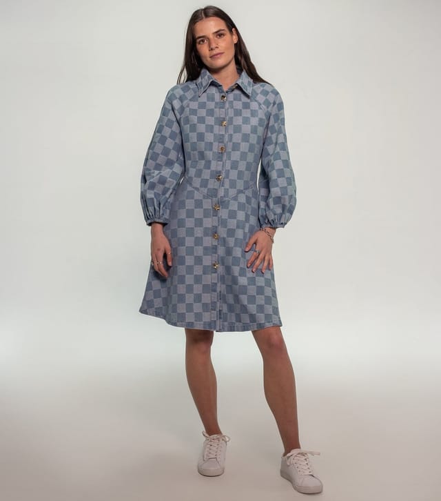 Sunshine Soul Women's Blue Check Textured Button Denim Mini Dress Sunshine Soul New Look - 2