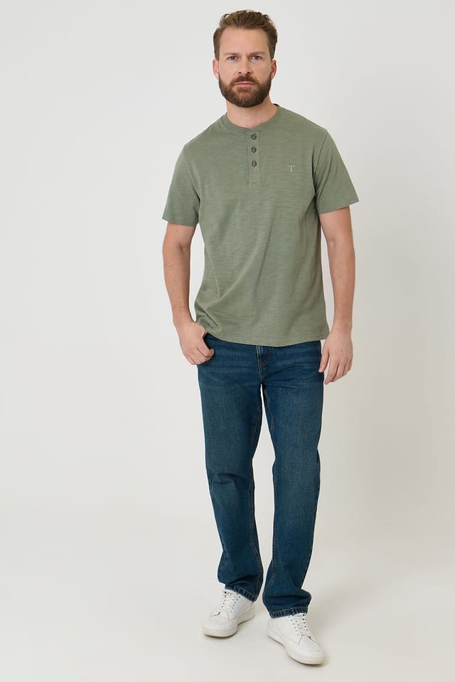 Saltwell Saltwell Men's Peached Cotton Grandad T-Shirt in Green - 3