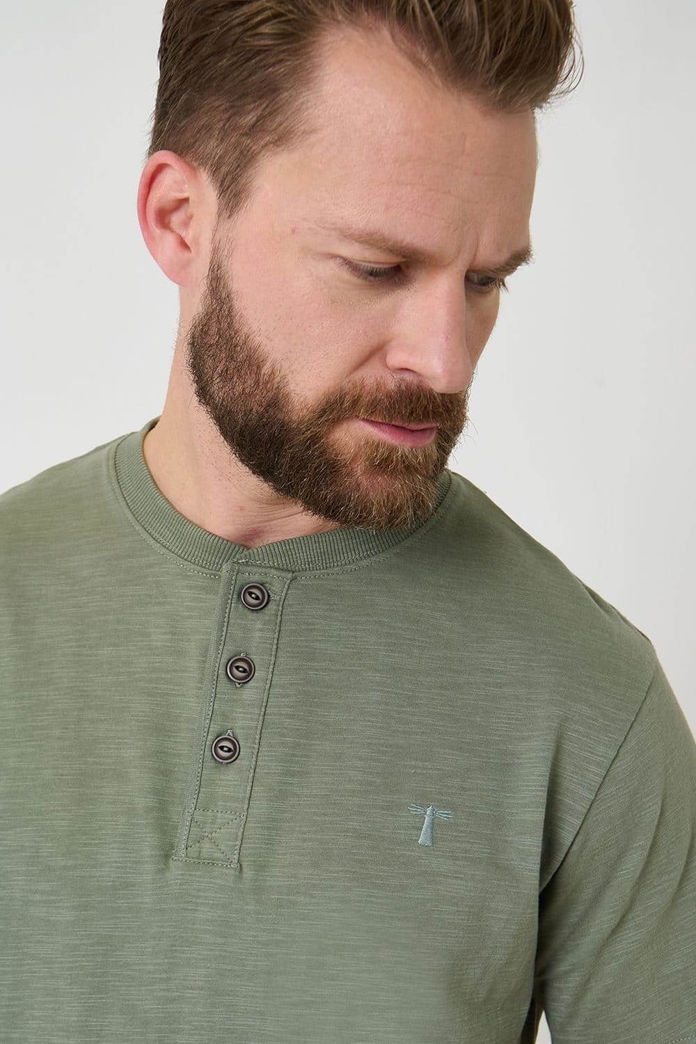 Saltwell Saltwell Men's Peached Cotton Grandad T-Shirt in Green - 4