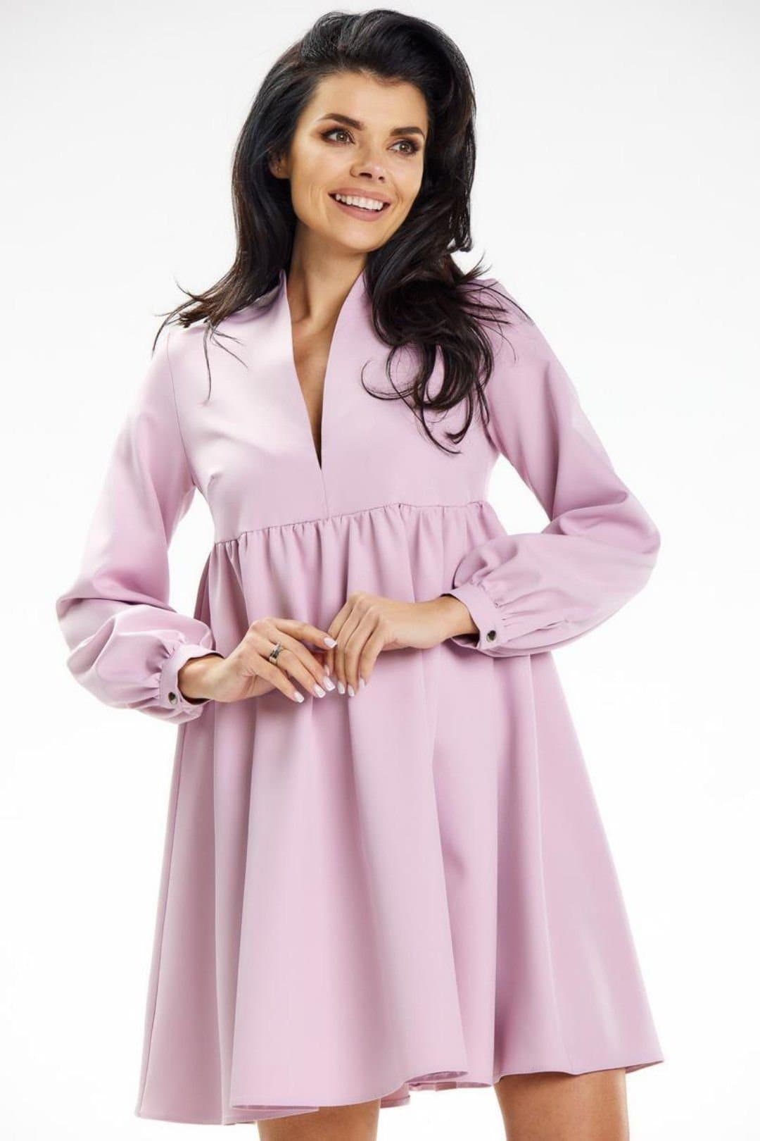 Love Lace Love Lace Women's Mini Stand Collar Deep Neck Long Sleeve Dress in Lilac