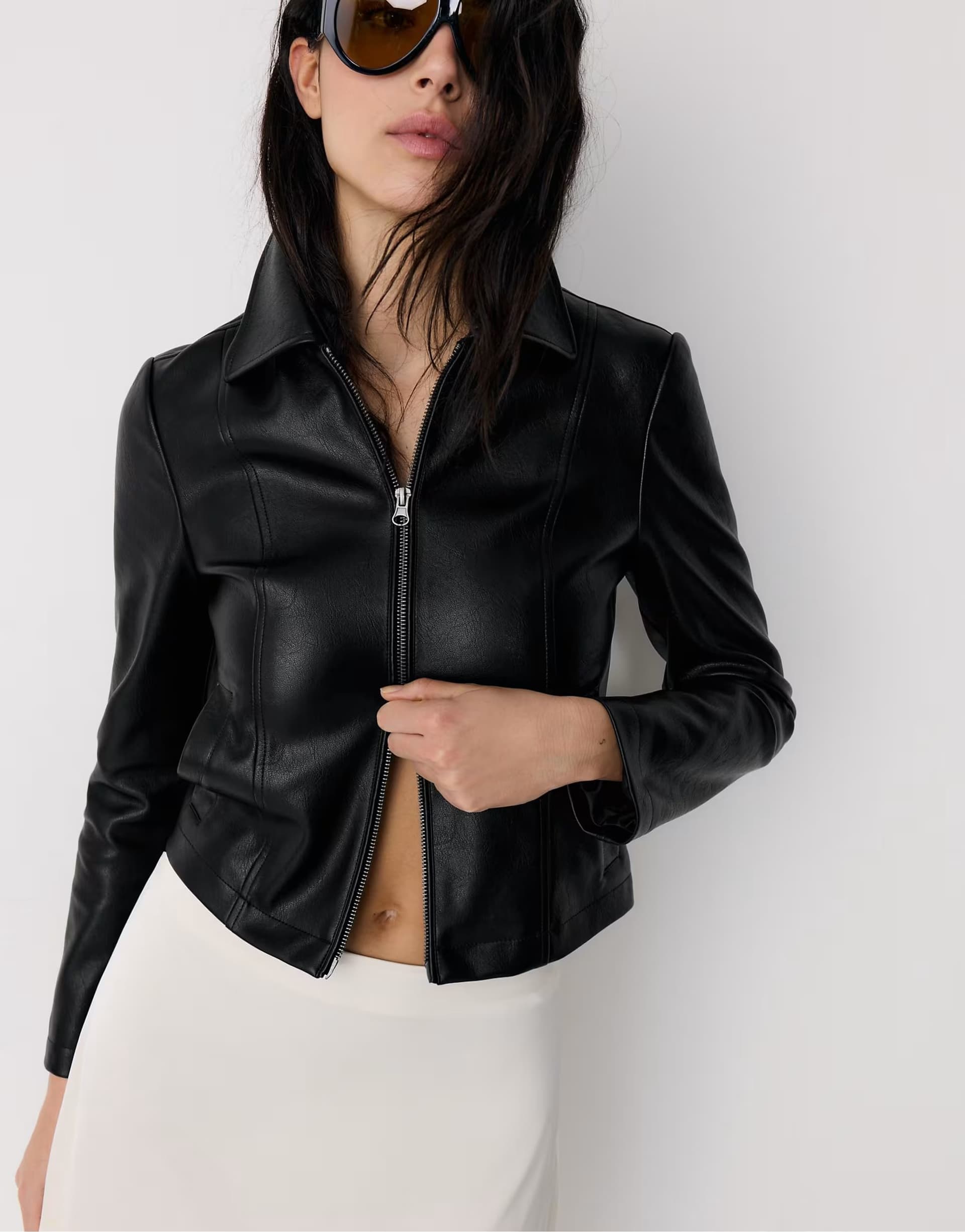 ASOS Stradivarius Fitted leather effect jacket in black
