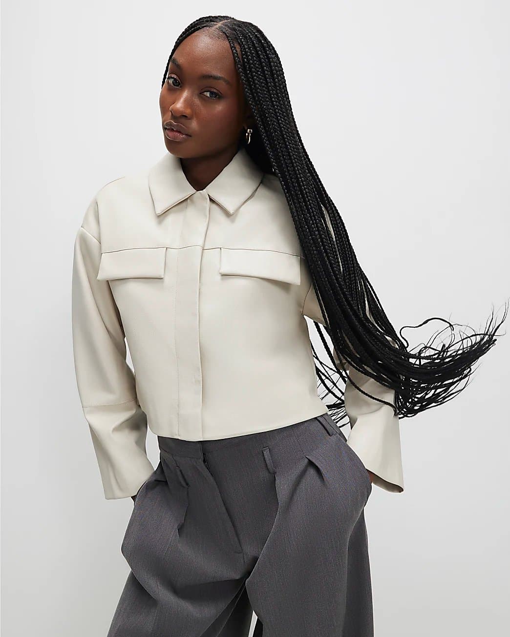 River Island River Island Womens Cream Faux Leather Cropped Overshirt