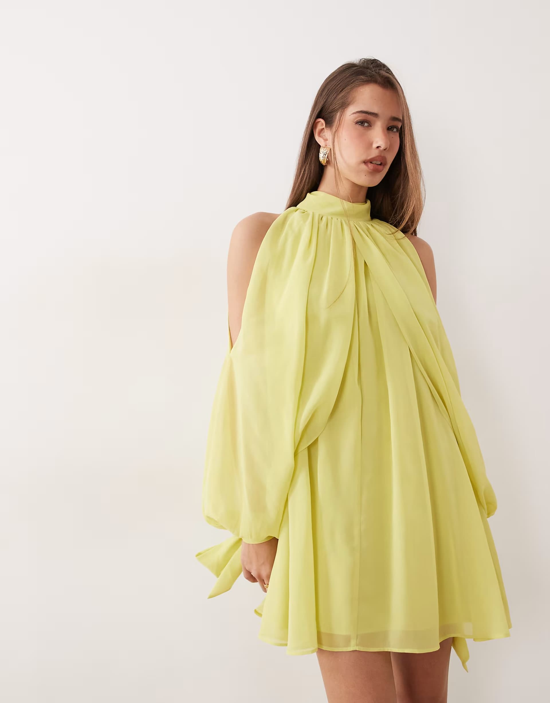 ASOS ASOS DESIGN high neck chiffon mini dress with open sleeve in lime green