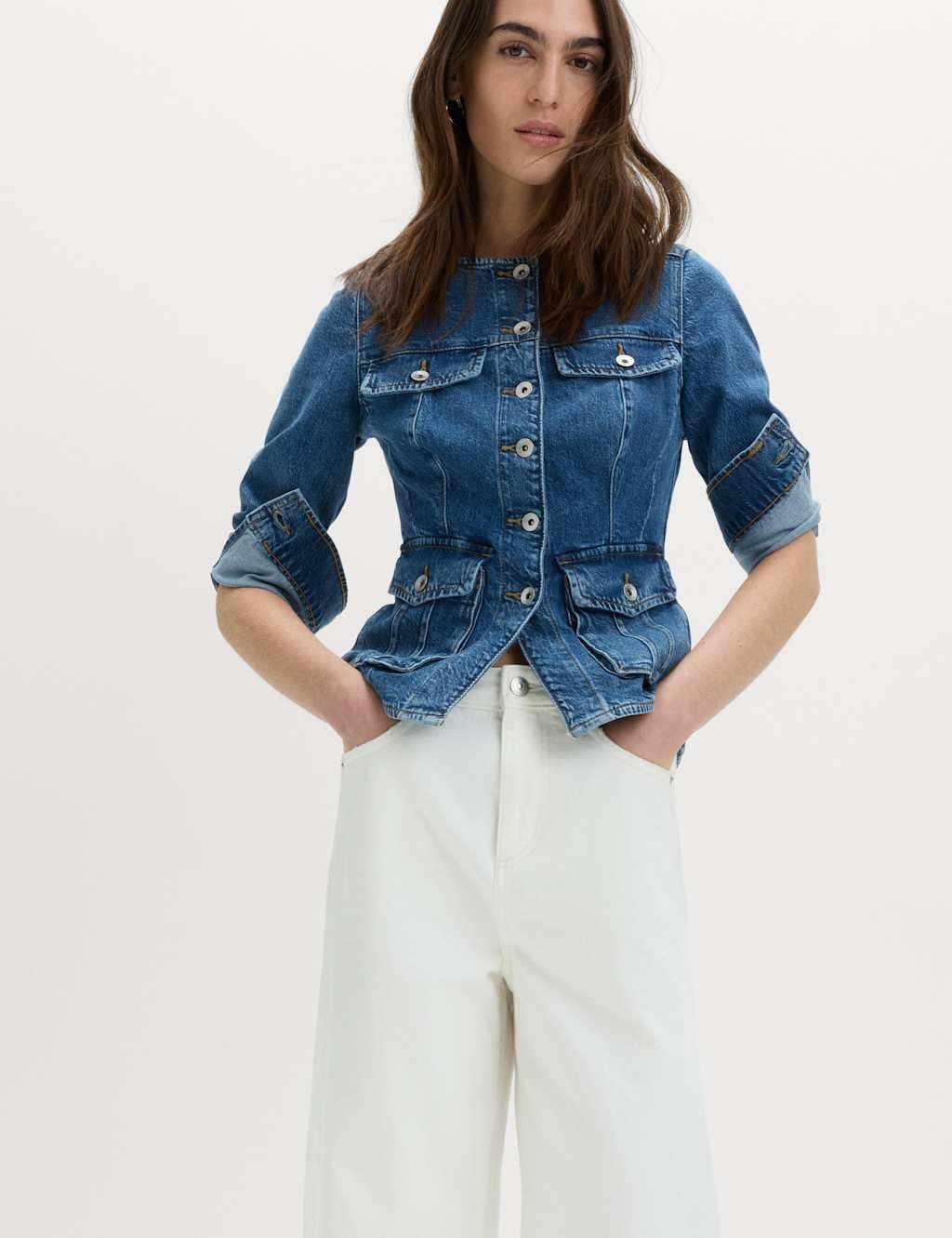 Marks & Spencer M&S Denim Collarless Fitted Utility Jacket Medium Indigo - 1