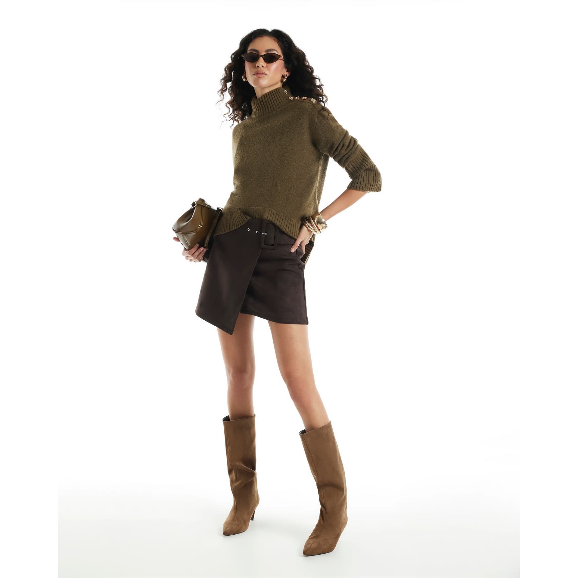 River Island River Island Womens Brown Faux Suede Buckle Mini Wrap Skirt