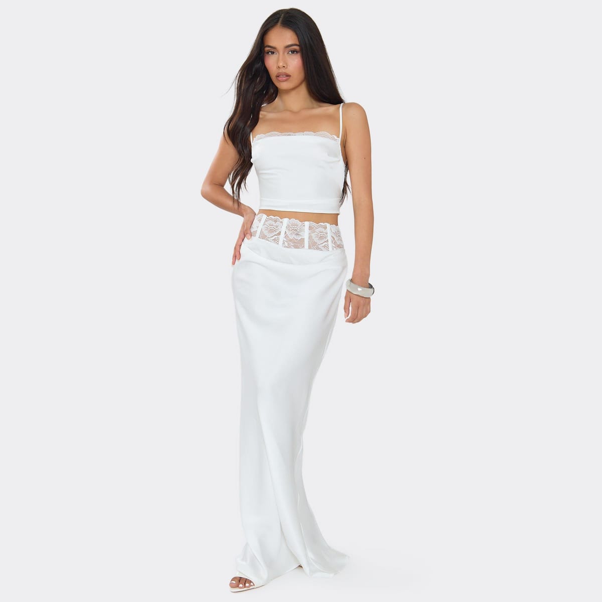 EGO Lace Detail Maxi Skirt In White Satin, Women's Size UK 6 - 1