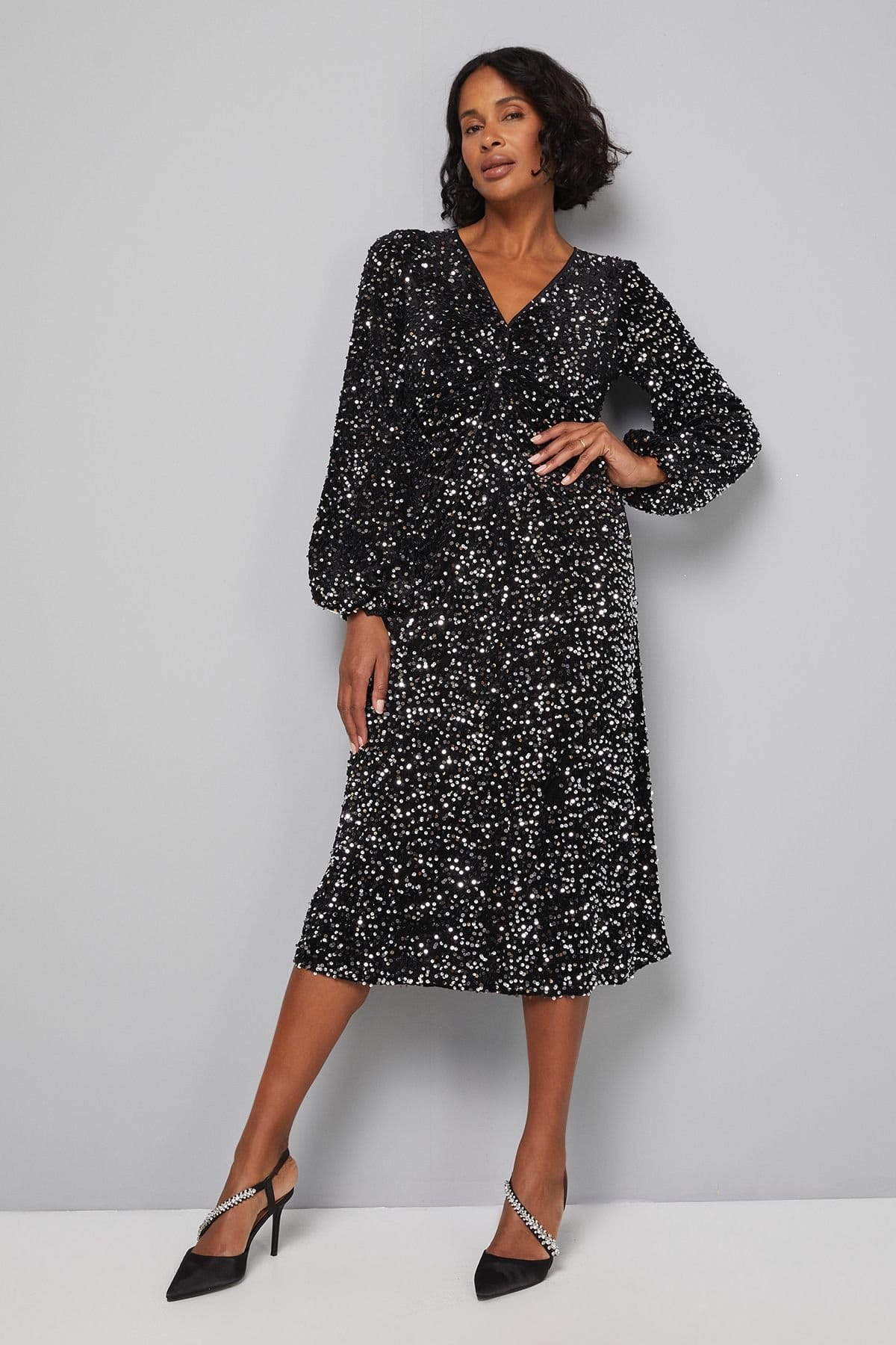 Wallis Wallis Women's Sequin Velvet Twist Midi Dress in Black - 4