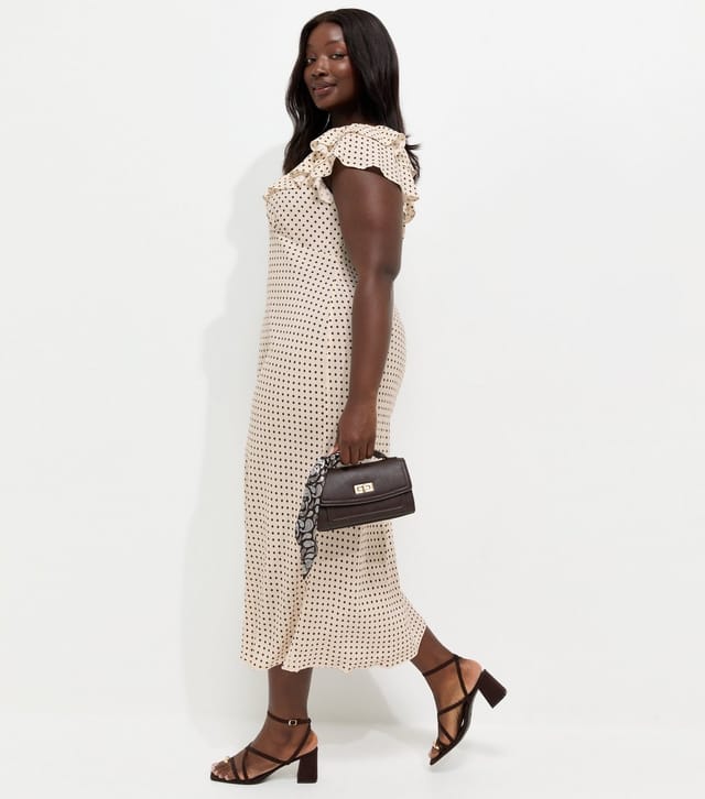 New Look Women's Plus Size Cream Polka Dot Ruffle Neck Midi Dress Curves New Look - 2
