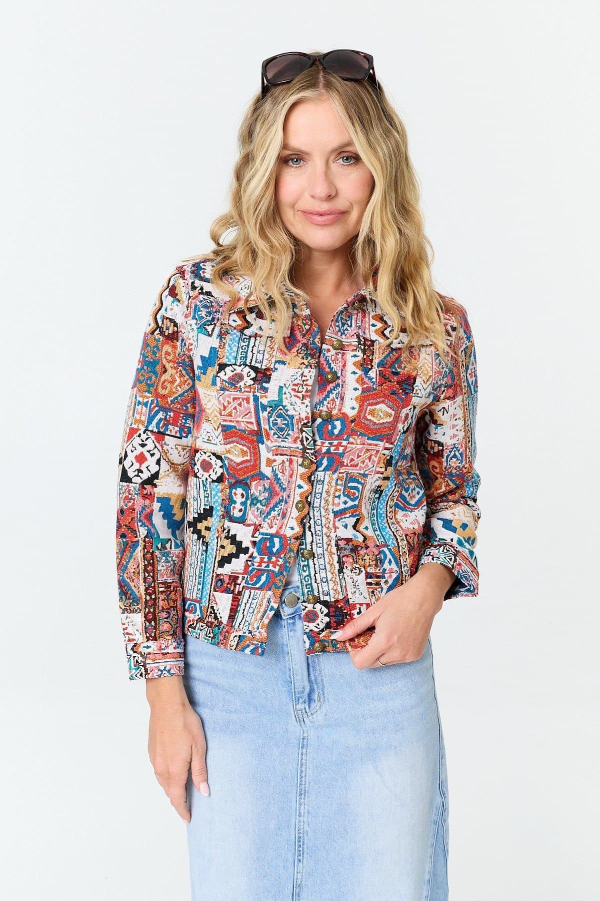 Izabel London Izabel London Women's Embroidered Texture Button Front Jacket in Red