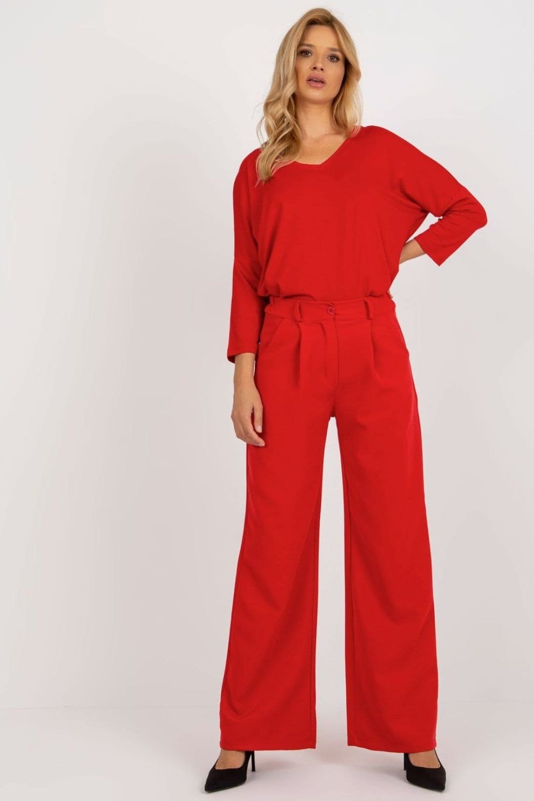 Love Lace Love Lace Women's High Waisted Pleated Trousers with Button Zip in Red - 1