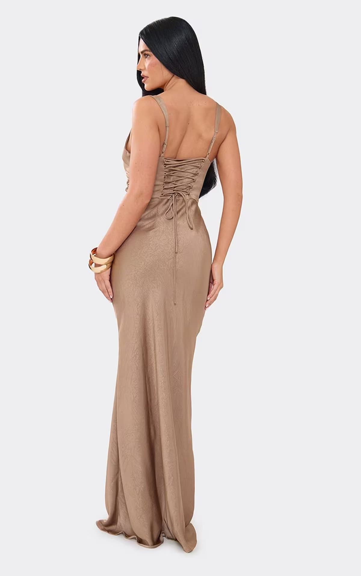 EGO Square Neck Ruched Detail Maxi Dress In Taupe Satin, Women's Size UK 6